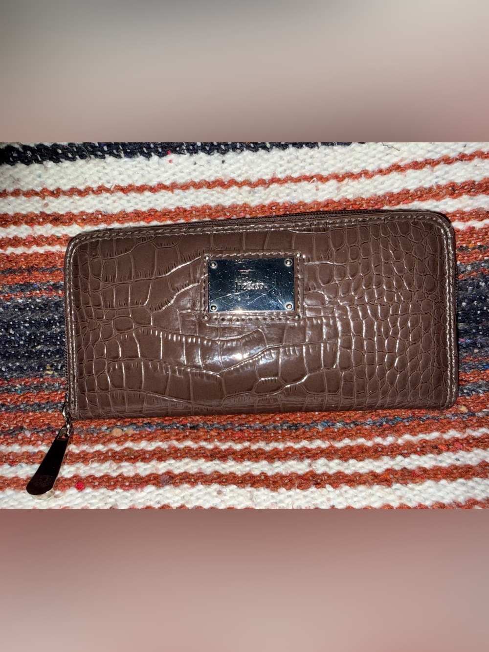 Brown Croc-Embossed Zip Wallet